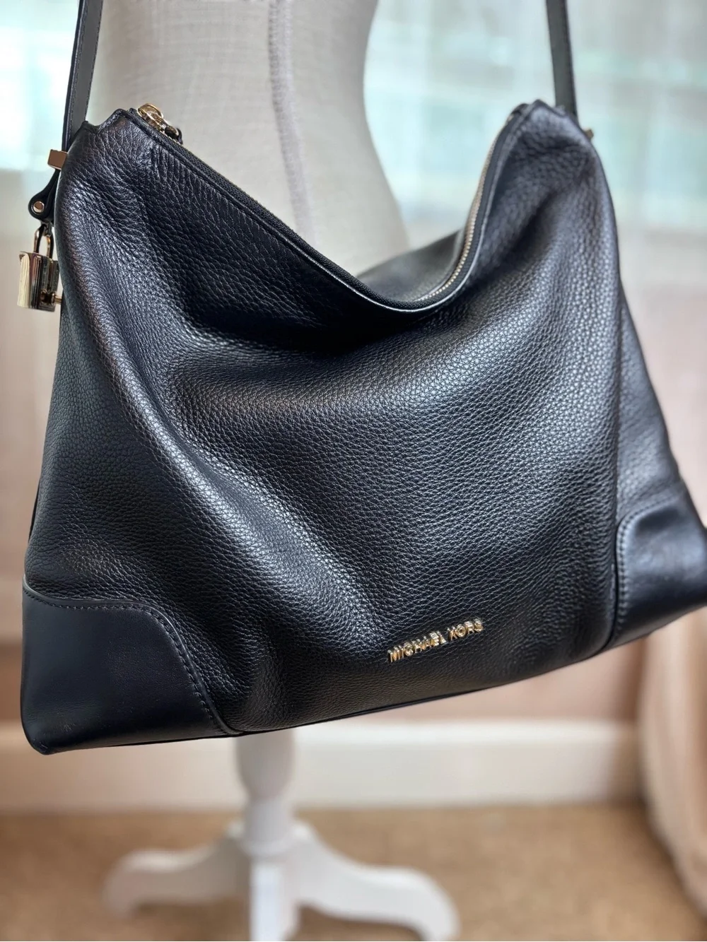Michael Kors Black Pebbled Leather Hobo Shoulder Bag with Gold Hardware